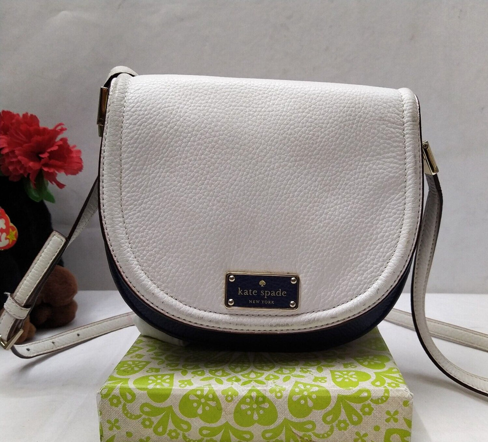 Kate Spade Colorblock White Blue Pebbled Leather Flap Closure Crossbody Bag